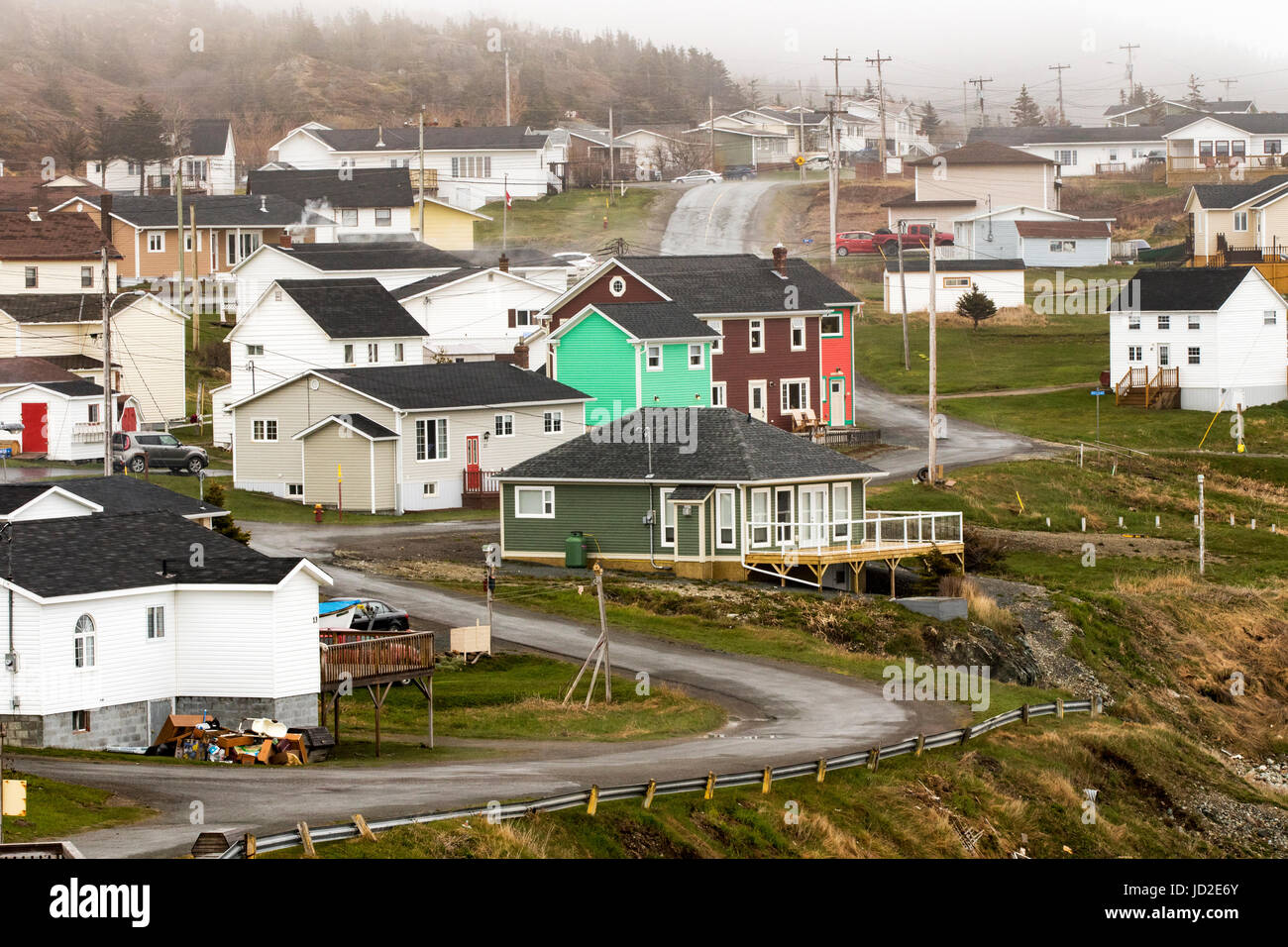 Foggy day in the town of Crow Head, Twillingate, Newfoundland, Canada Stock Photo