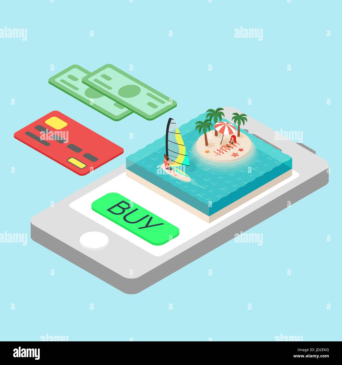 Vector isometric concept for online purchase touristic tour. Credit card, money, and smartphone. Windsurfer. Tropical island on the sea. Man and woman Stock Vector