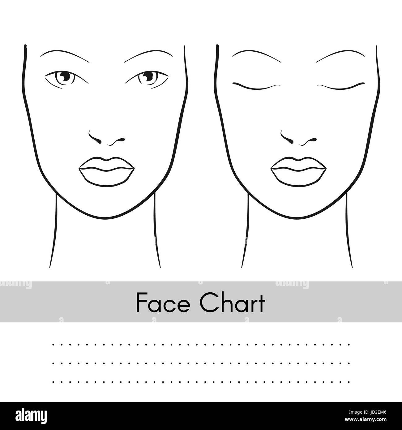 Vector beautiful woman face chart portrait. Female face with open and closed eyes. Blank template for artist makeup. Stock Vector