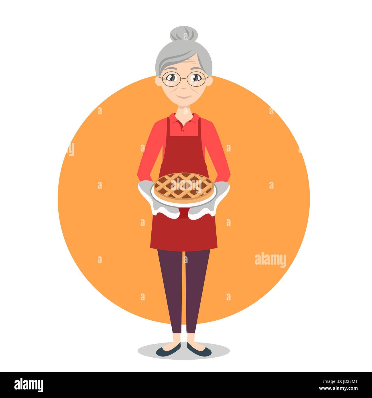 Vector illustration of grandma with sweet pie in her hands. Stock Vector