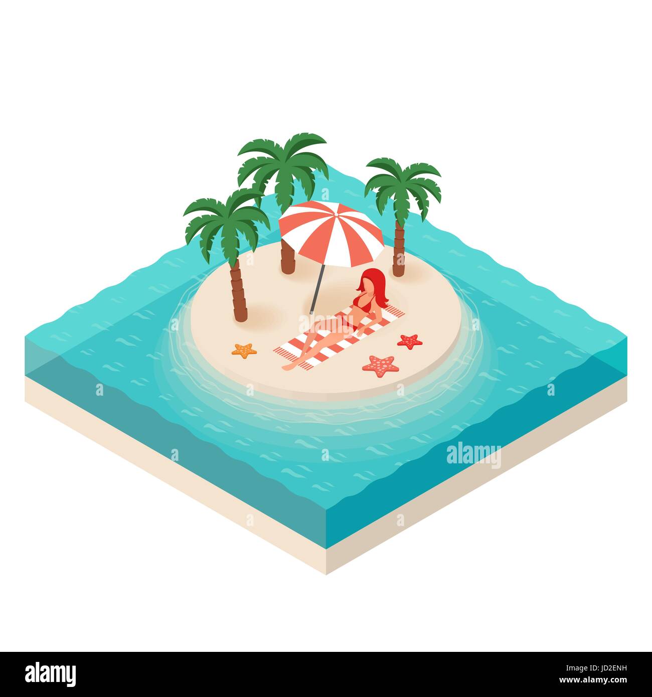 Vector isometric illustration of young woman. Tropical island in the sea. Woman on vacation. Sea. Summer vacation. Stock Vector