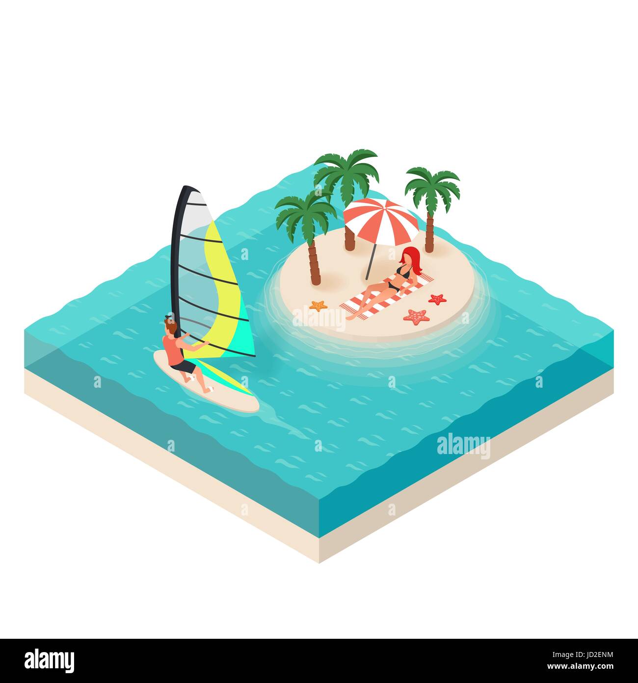 Vector isometric illustration of windsurfer. Tropical island on the sea. Man and woman on vacation. Concept for extreme sport. Stock Vector
