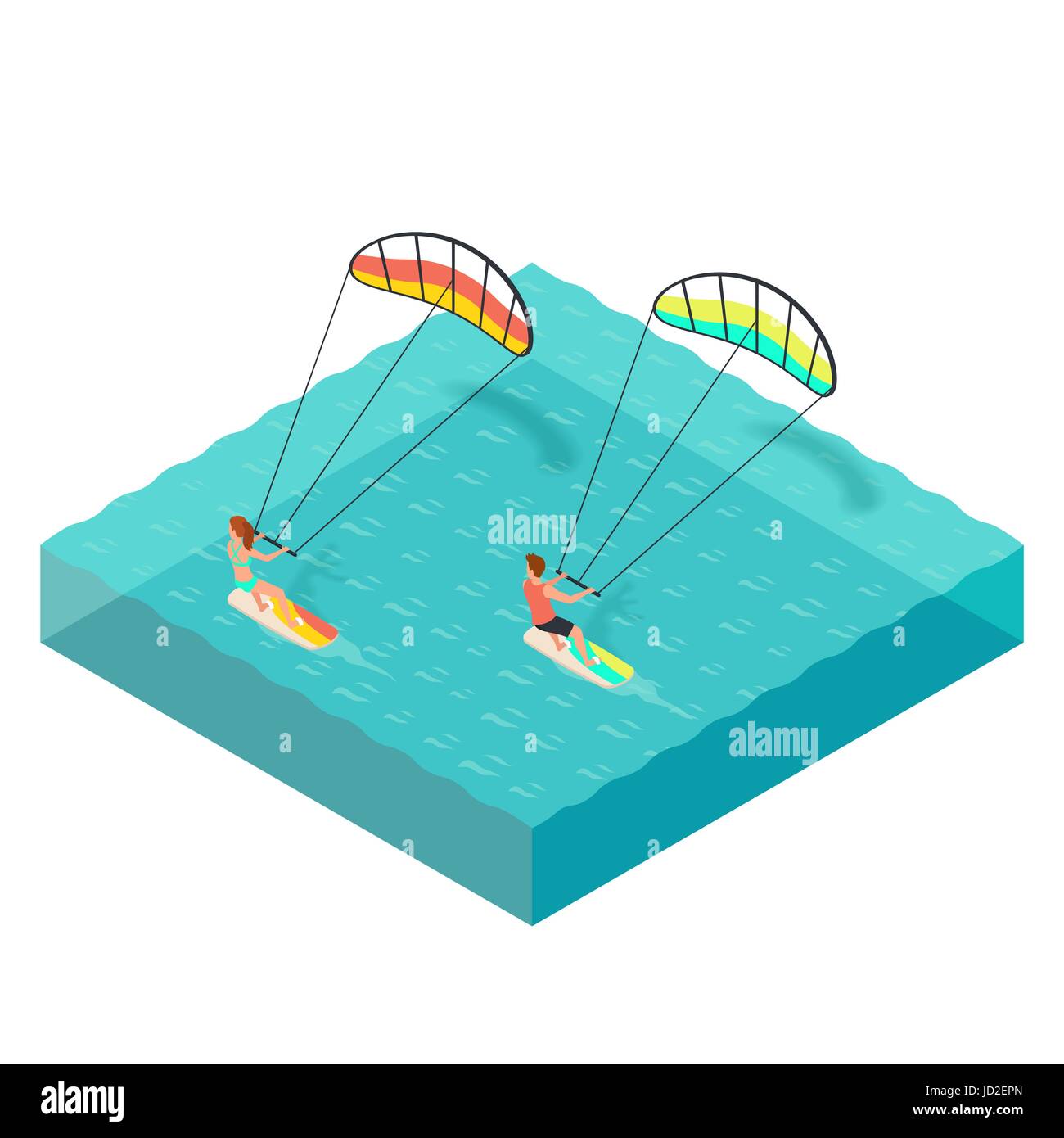 Vector isometric illustration of kite surfers. Man and woman on vacation. Concept for extreme sport. Stock Vector