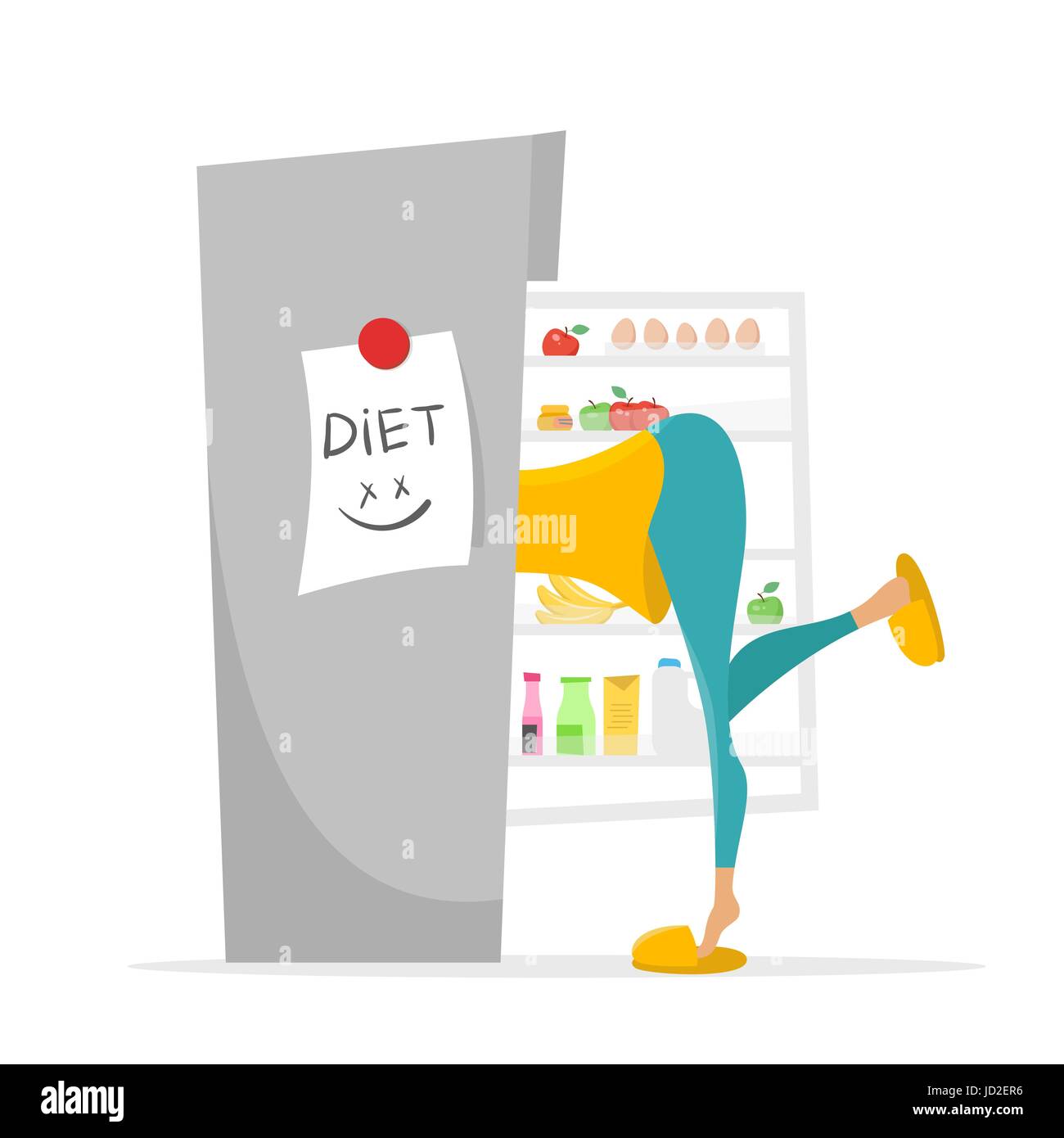 Vector illustration of girl searching something to eat in the fridge. Stock Vector
