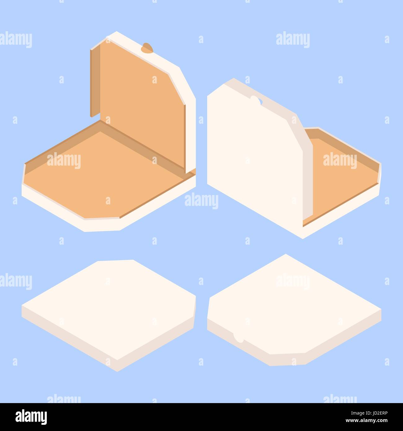 Vector illustration of empty isometric pizza boxes. Open and closed package. Stock Vector