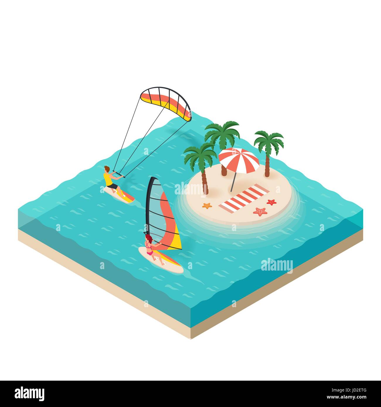 Vector isometric illustration of windsurfer and kite surfer. Tropical island on the sea. Man and woman on vacation. Concept for extreme sport. Stock Vector