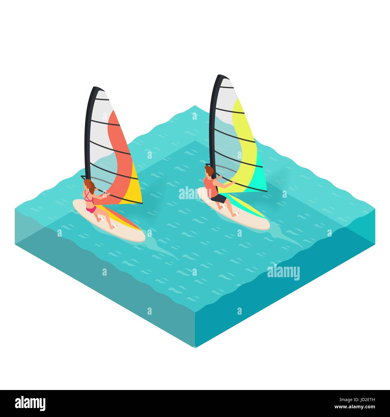 Vector isometric illustration of windsurfers. Man and woman on vacation. Concept for extreme sport. Windsurfing. Sea. Summer vacation. Stock Vector