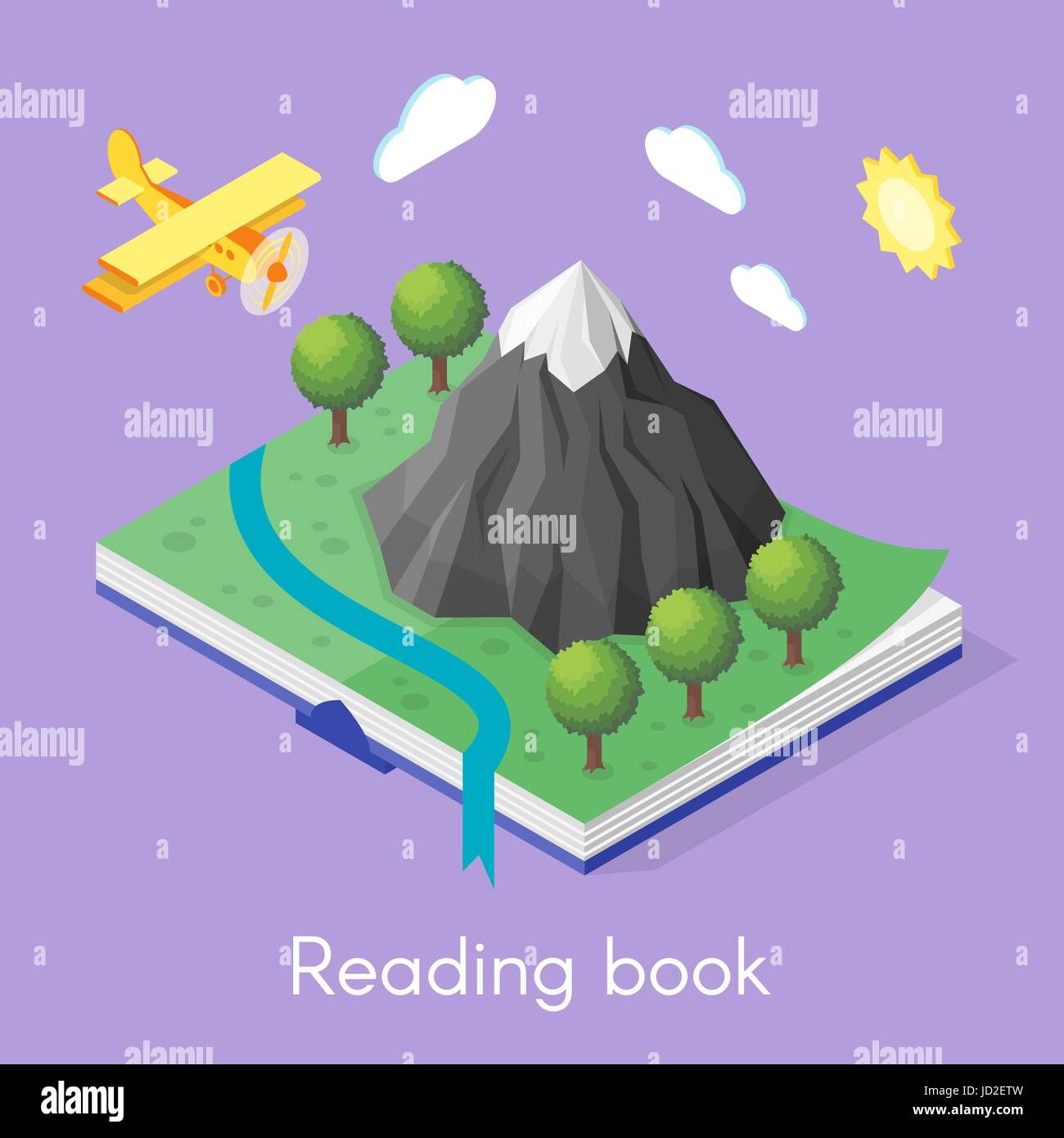 Vector isometric concept for reading book. Open book with mountain and trees. Plane flying in the sky. Stock Vector