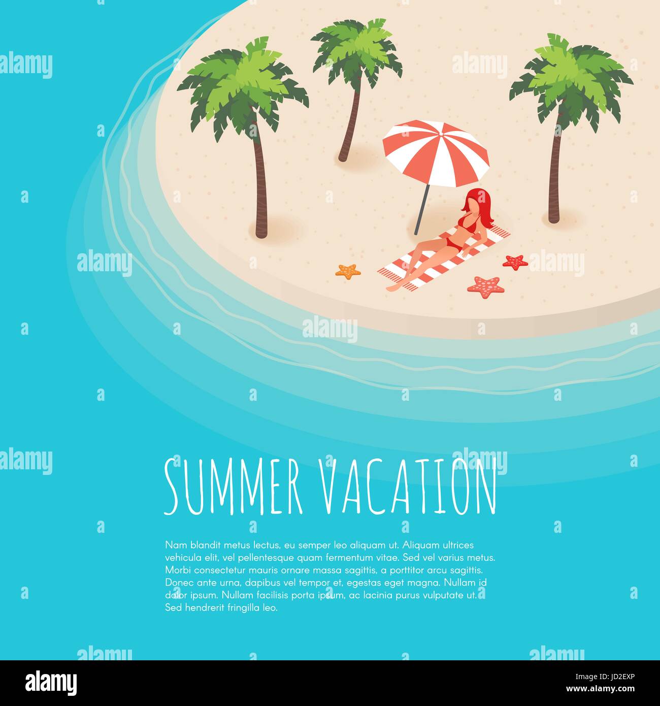 Vector isometric illustration of tropical island with palms. Woman on vacation. Sea. Summer vacation. Vector background Stock Vector
