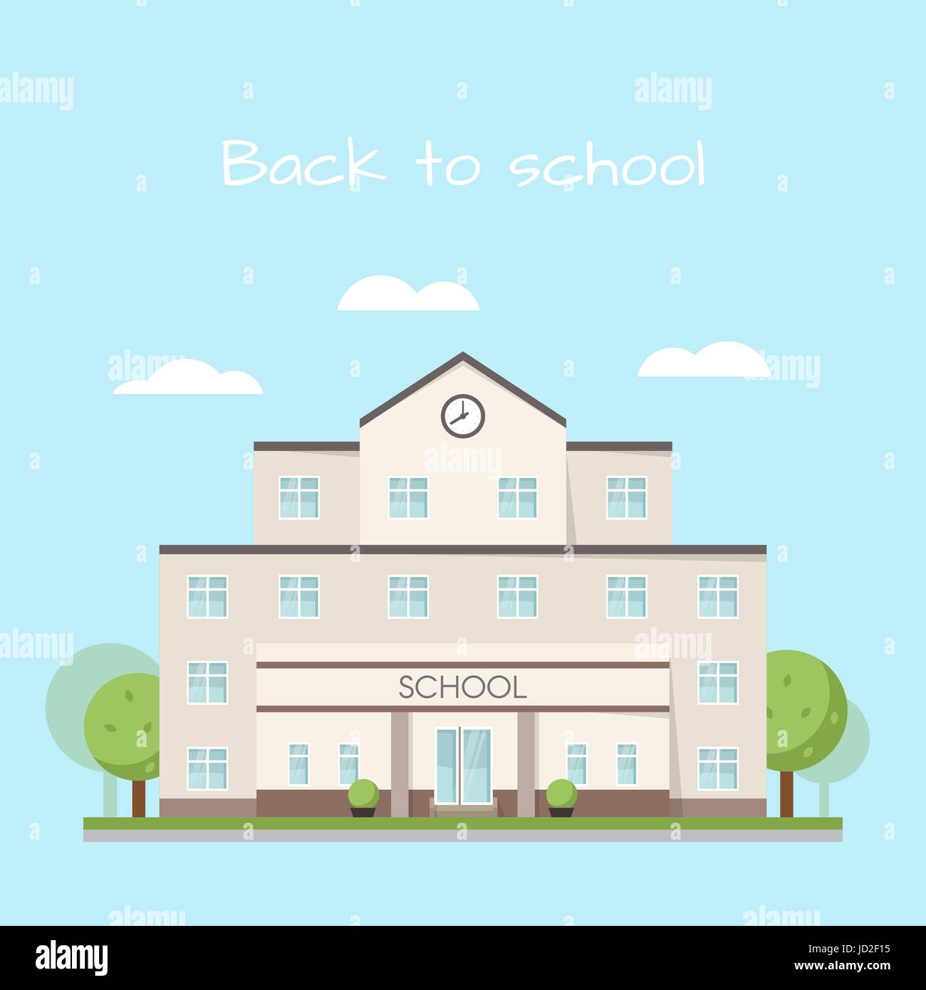 Vector illustration of school building clouds and trees. Flat style. Stock Vector