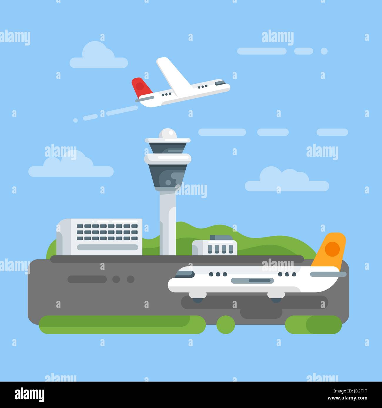 Vector flat style illustration of airport. Icon for web. Aircraft and control tower. Plane on the runway. Isolated on blue background. Stock Vector