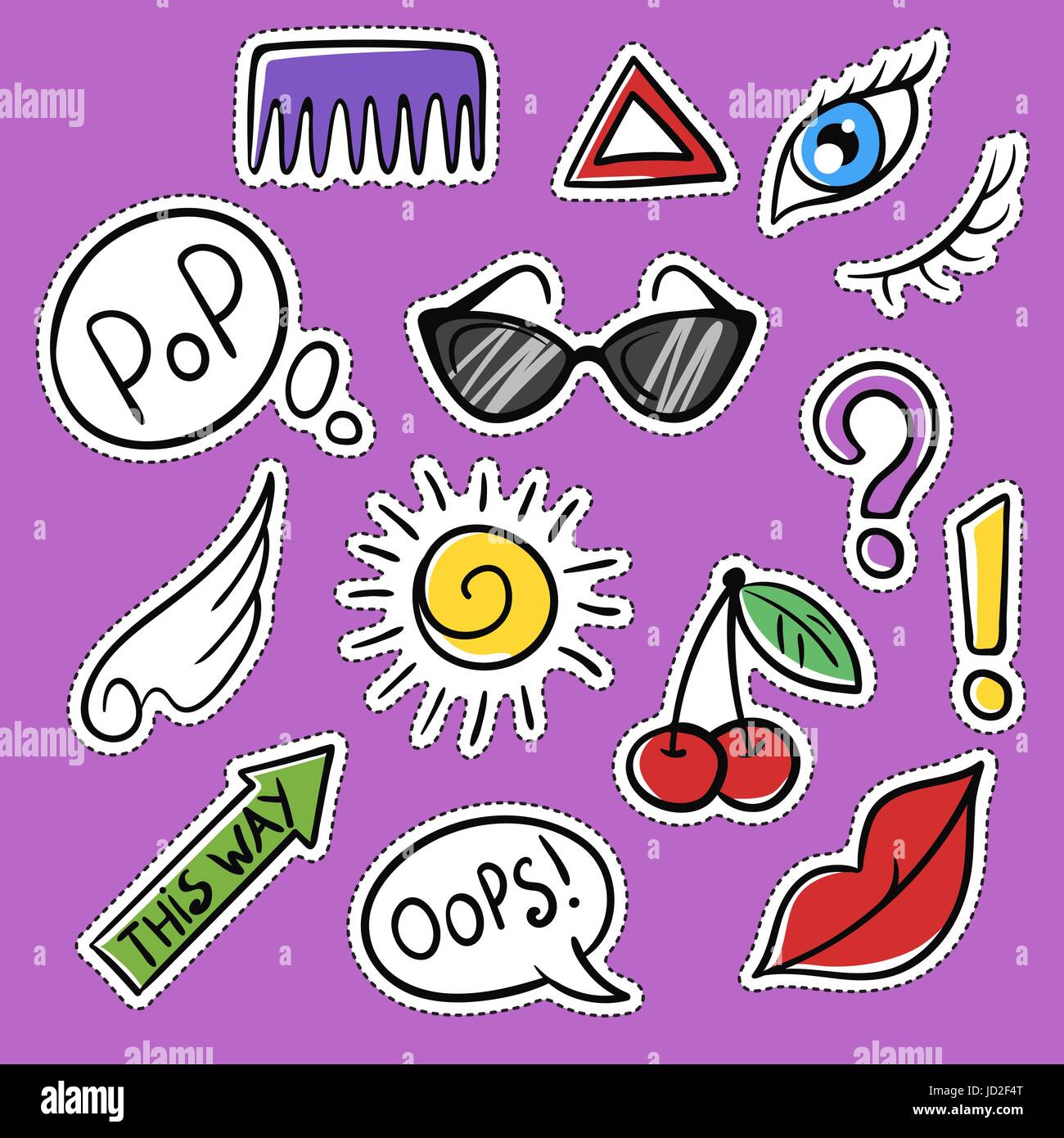 Vector set of fashionable patches: eye, cherry, sun, glasses. Modern doodle pop art sketch pins and badges. Hand drawn cute and funny fashion stickers Stock Vector