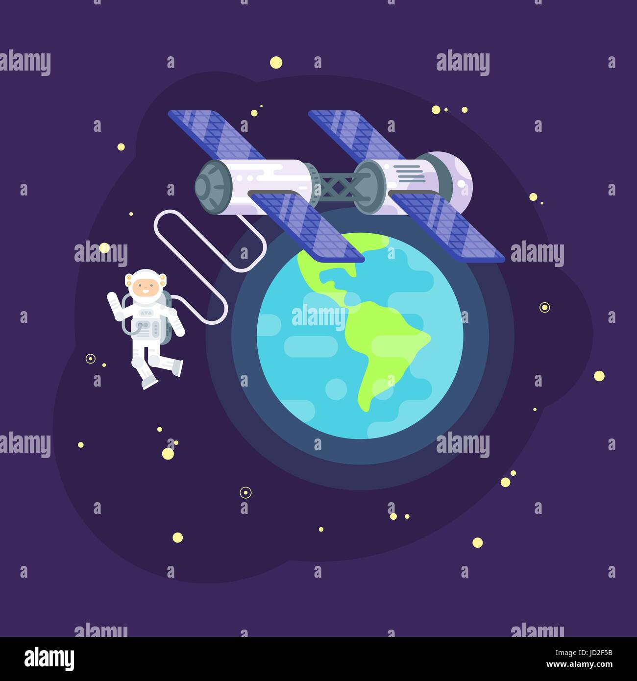 Vector flat style illustration of space station and astronaut in outer ...