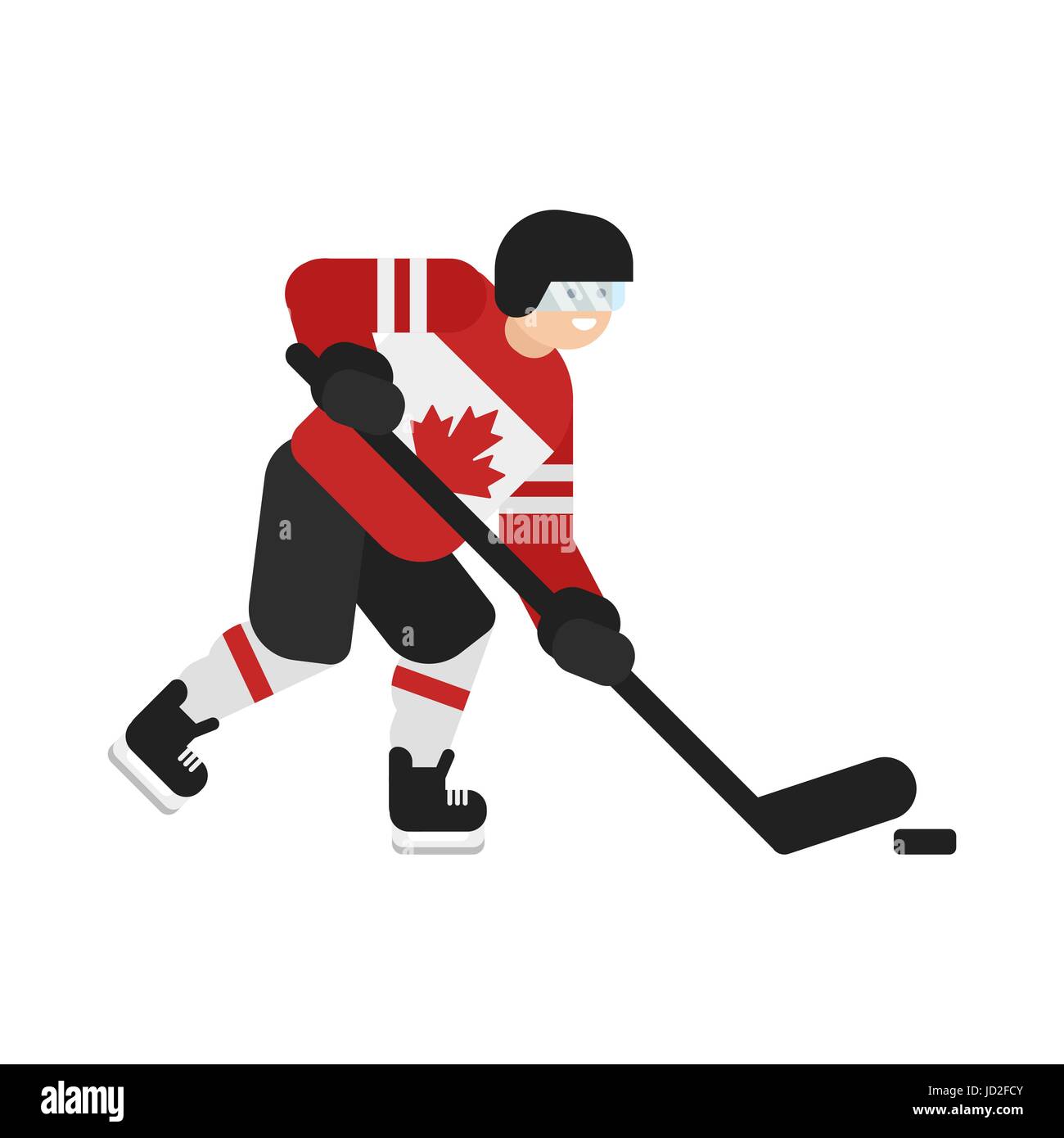 Vector flat style illustration of Canadian hockey player. Icon for web. Isolated on white background. Stock Vector