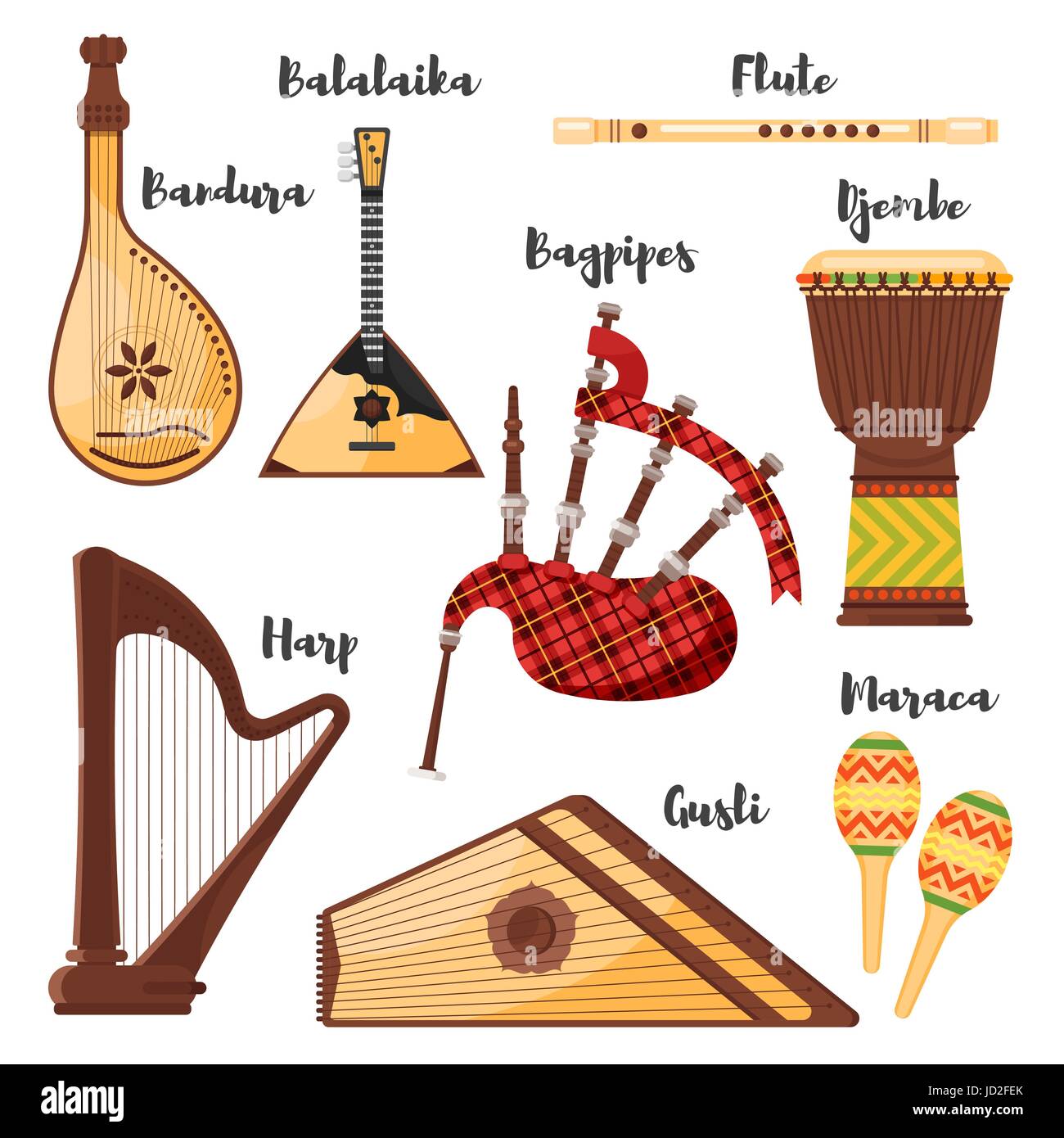 Vector flat style set of various traditional folk musical instruments.  Icons for web. Isolated on white background Stock Vector Image & Art - Alamy