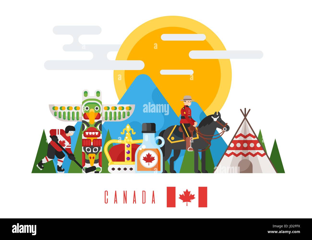 Vector flat style set of Canadian national cultural symbols. Template for banner or poster for tourist. Isolated on white background. Stock Vector