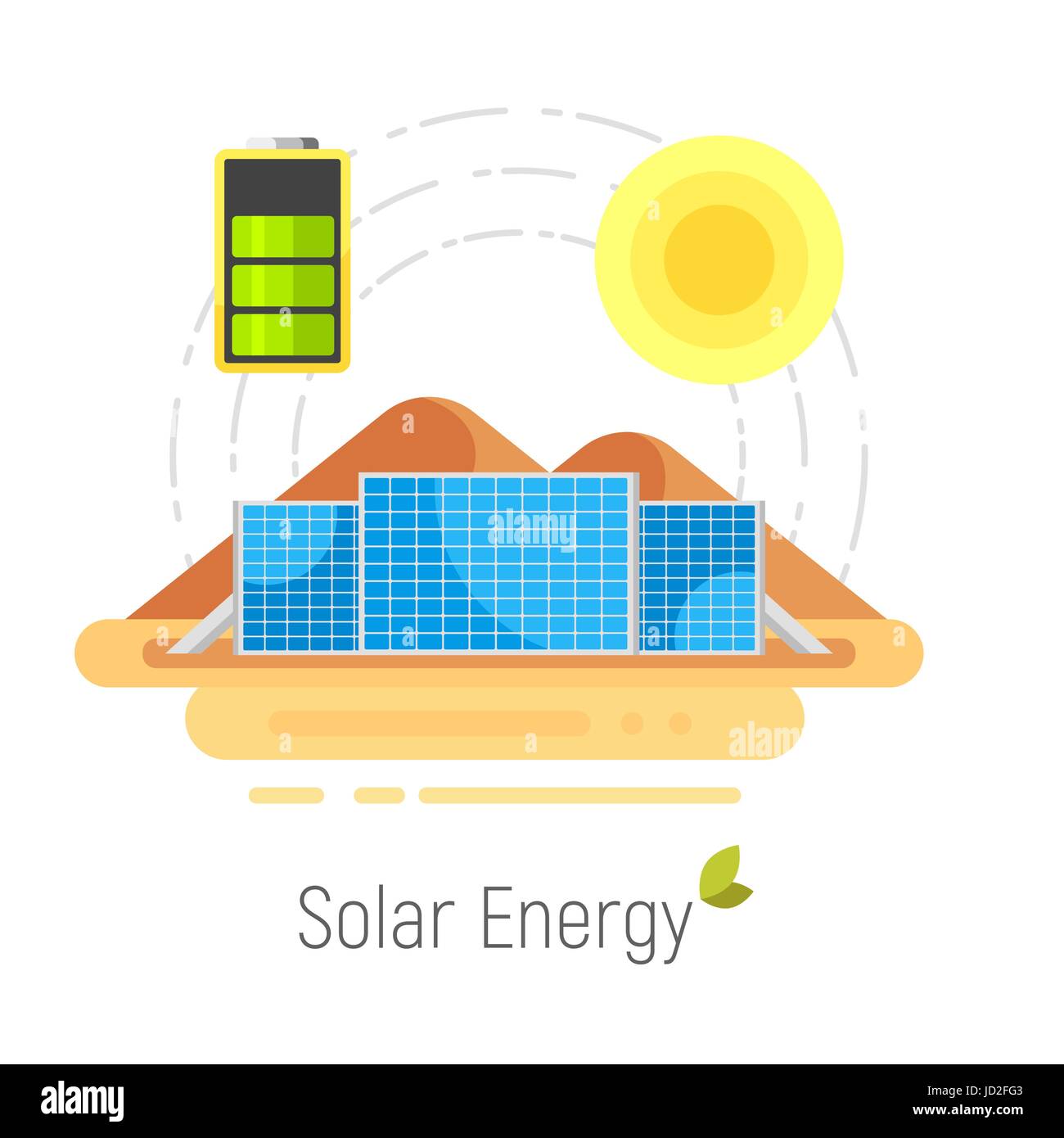 Vector flat style concept for ecology solar energy. Solar panels in desert. Alternative source of power. Isolated on white background. Stock Vector