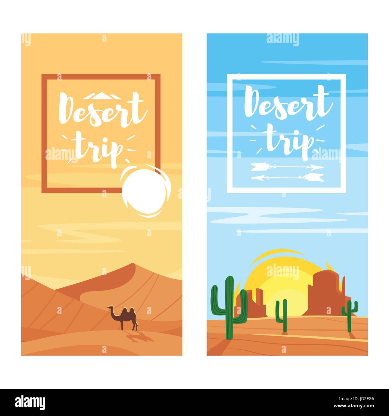 Vector cartoon style template for flyers for desert trip. Desert landscapes. Stock Vector