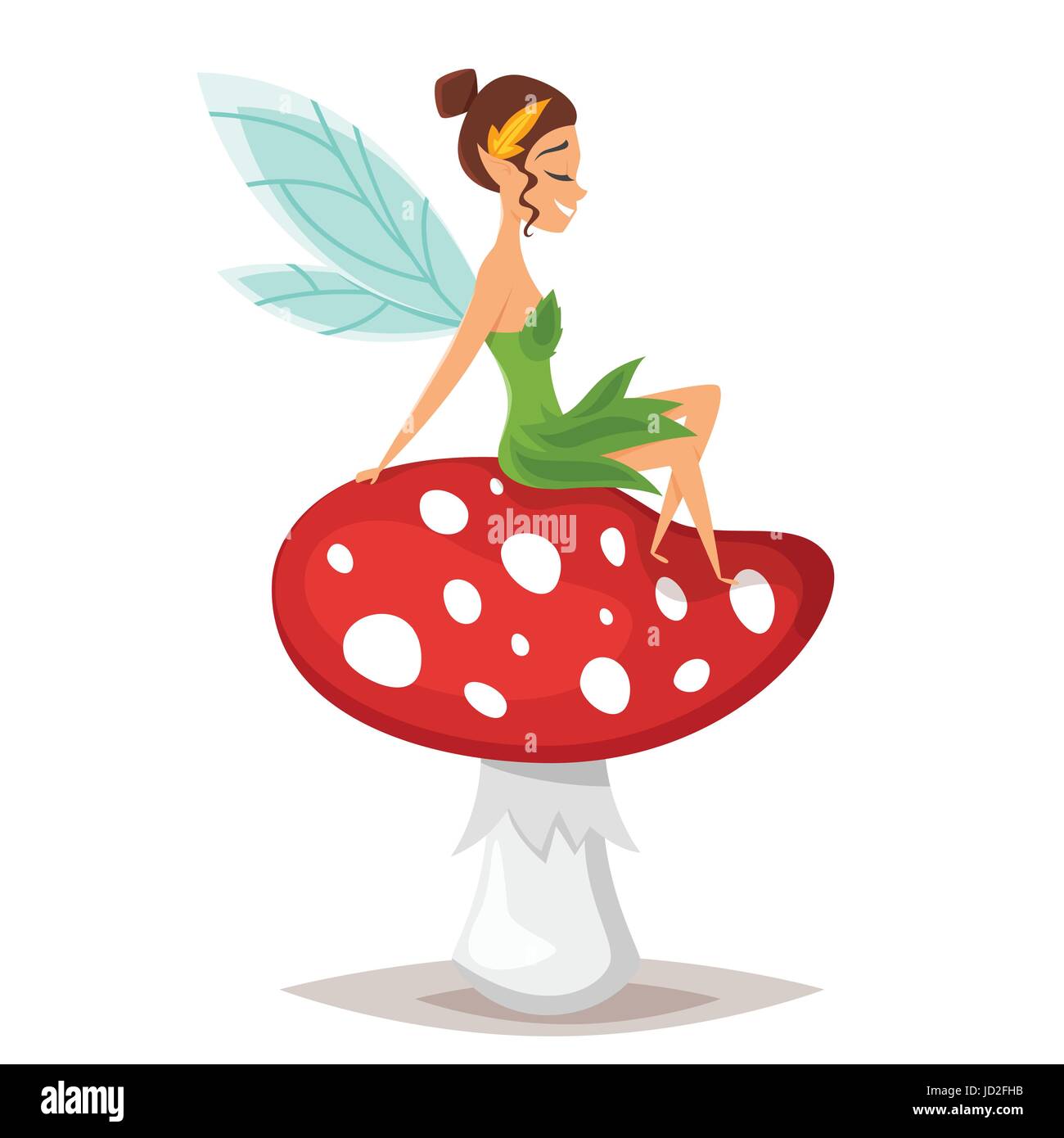 Vector cartoon style illustration of smiling fairy sitting on big red Amanita mushroom. Isolated on white background. Stock Vector