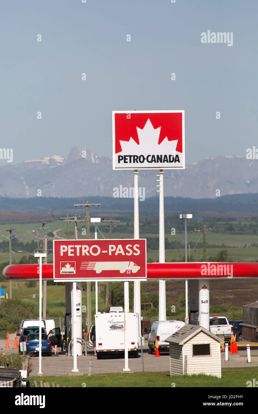 A Petro-Canada gas station in Alberta, Canada. The filling station stands by the Trans-Canada Highway. Stock Photo