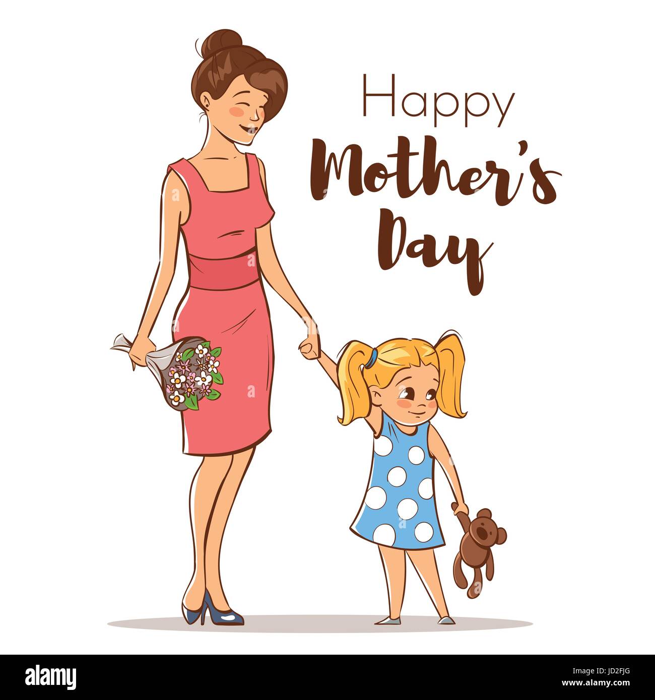 Vector hand drawn colorful illustration of happy mother with her ...