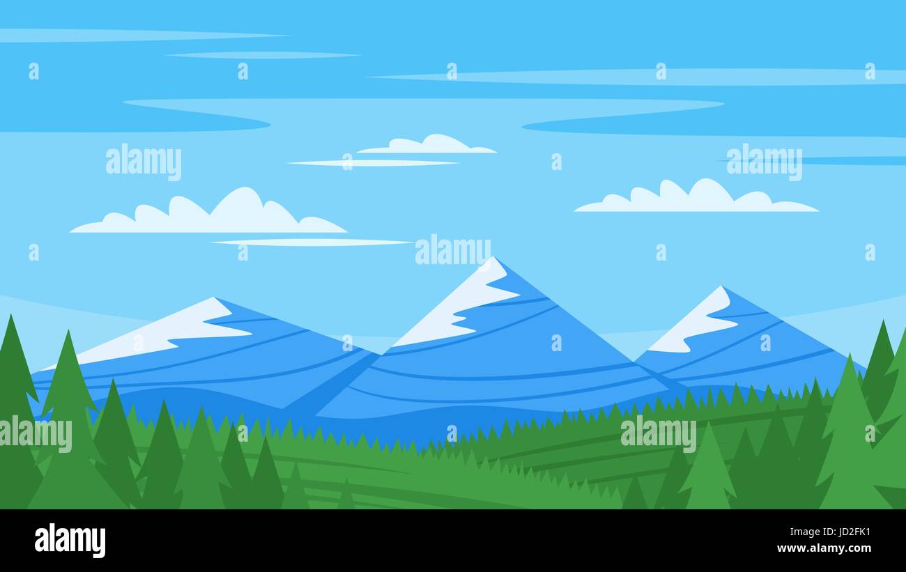 Vector cartoon style background with rocky mountains and forest Stock