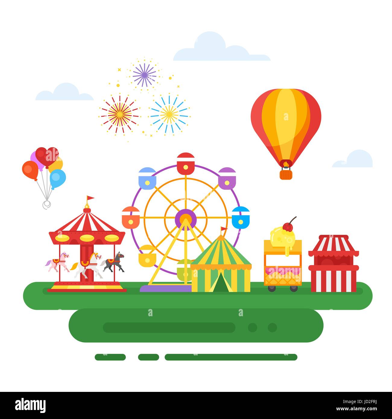 Vector flat style illustration of amusement park for kids. Isolated on ...