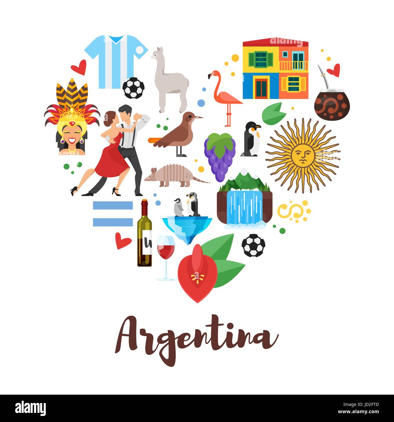 Vector flat style heart shape composition of Argentina national cultural symbols. Template for banner or poster for tourist. Isolated on white backgro Stock Vector