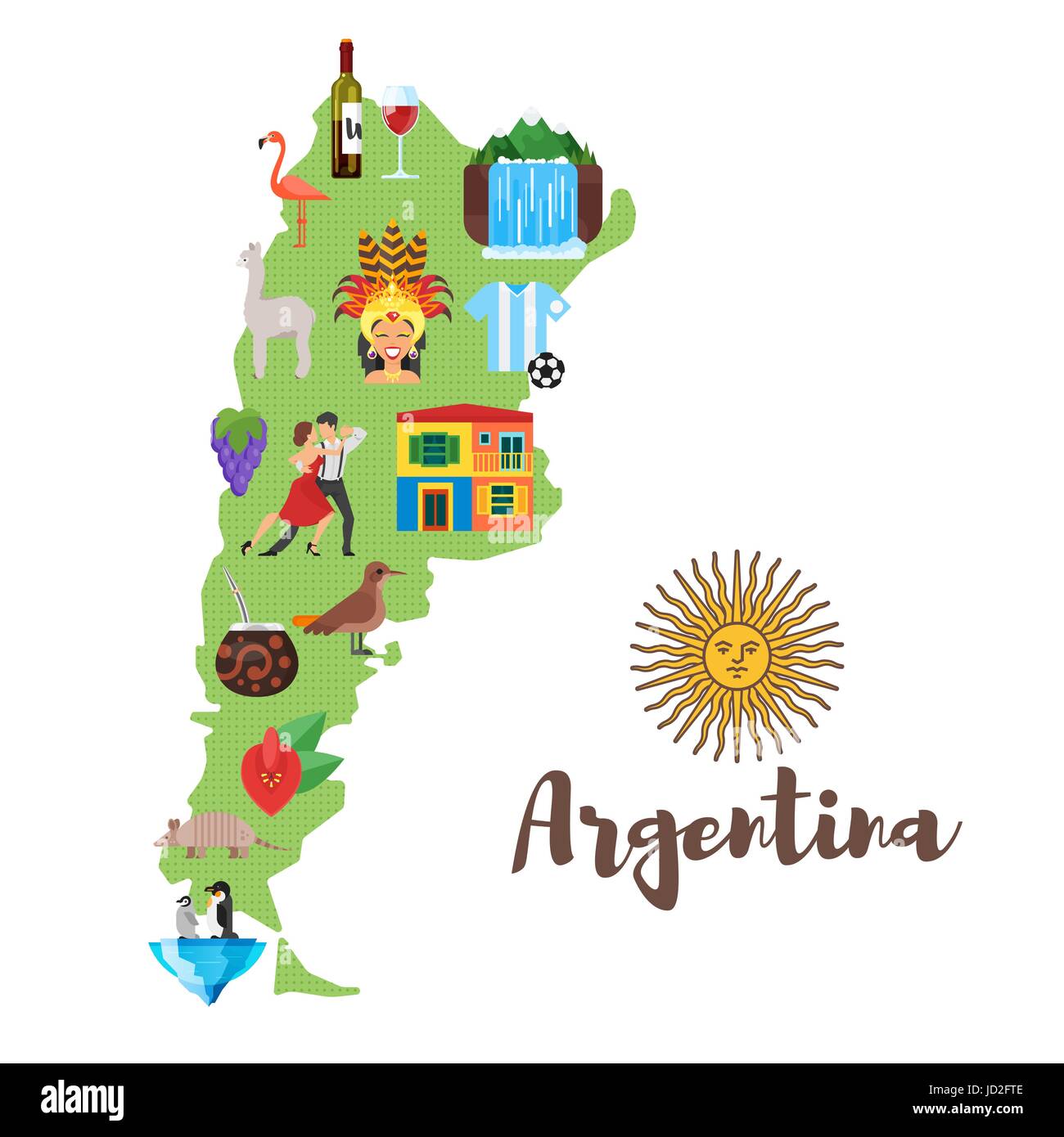 Vector flat style illustration of Argentina map with Argentinian national cultural symbols. Isolated on white background. Stock Vector