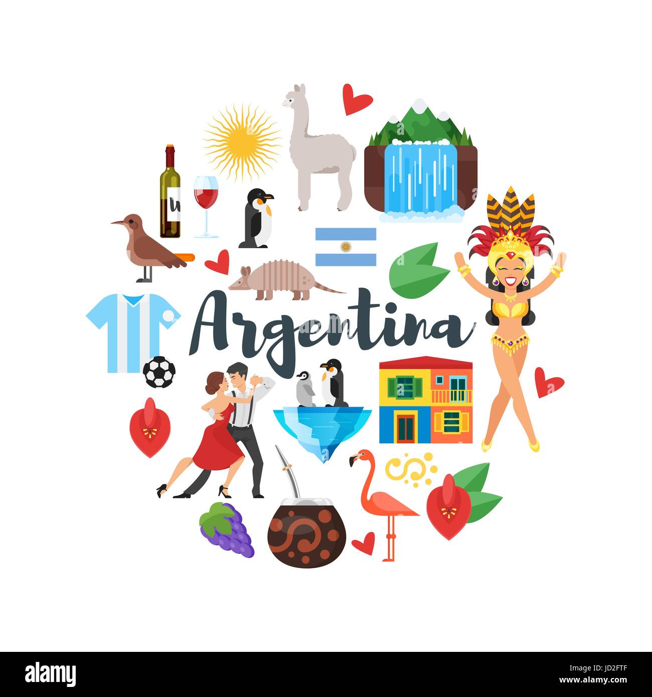 Vector flat style round composition of Argentina national cultural symbols. Isolated on white background. Stock Vector