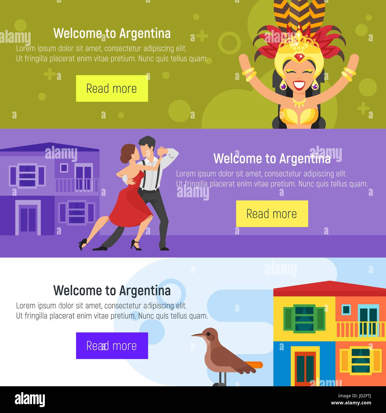 Vector flat style set of Welcome to Argentina template for web banner or poster for tourist. Argentina national cultural symbols. Stock Vector
