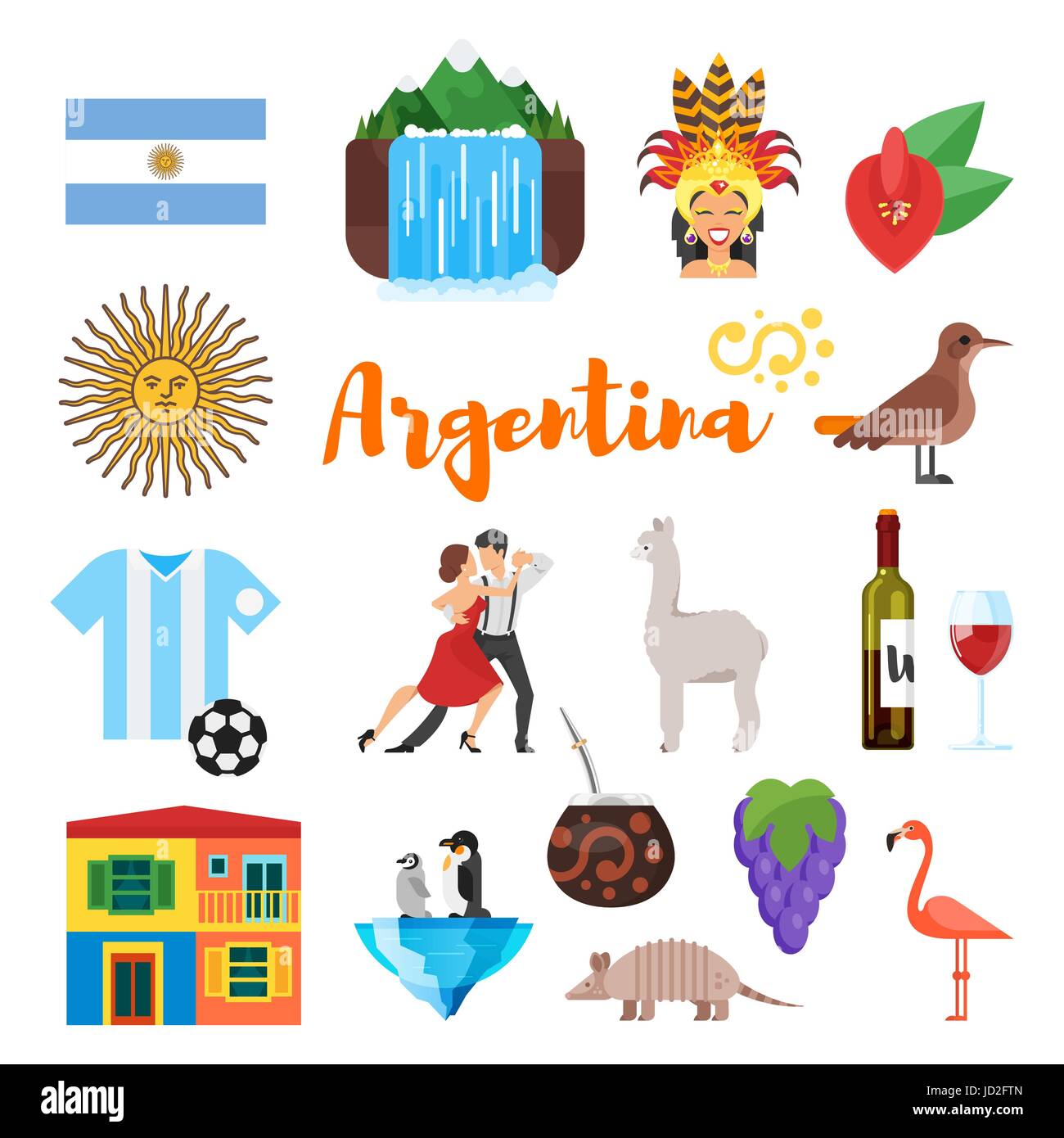 Vector flat style set of Argentina national cultural symbols. Icon for