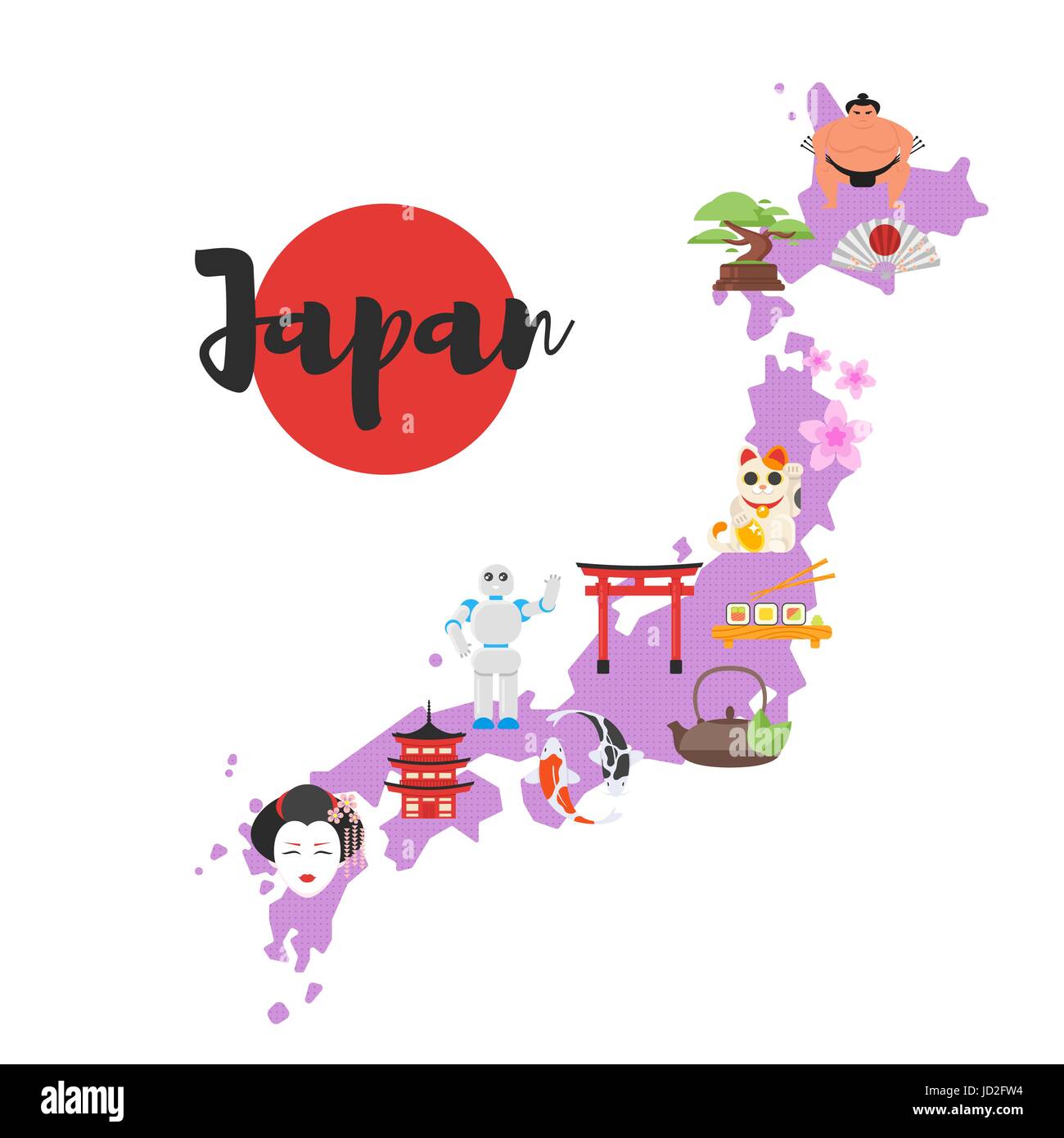 Vector flat style illustration of Japan map with Japanese national cultural symbols. Isolated on white background. Stock Vector