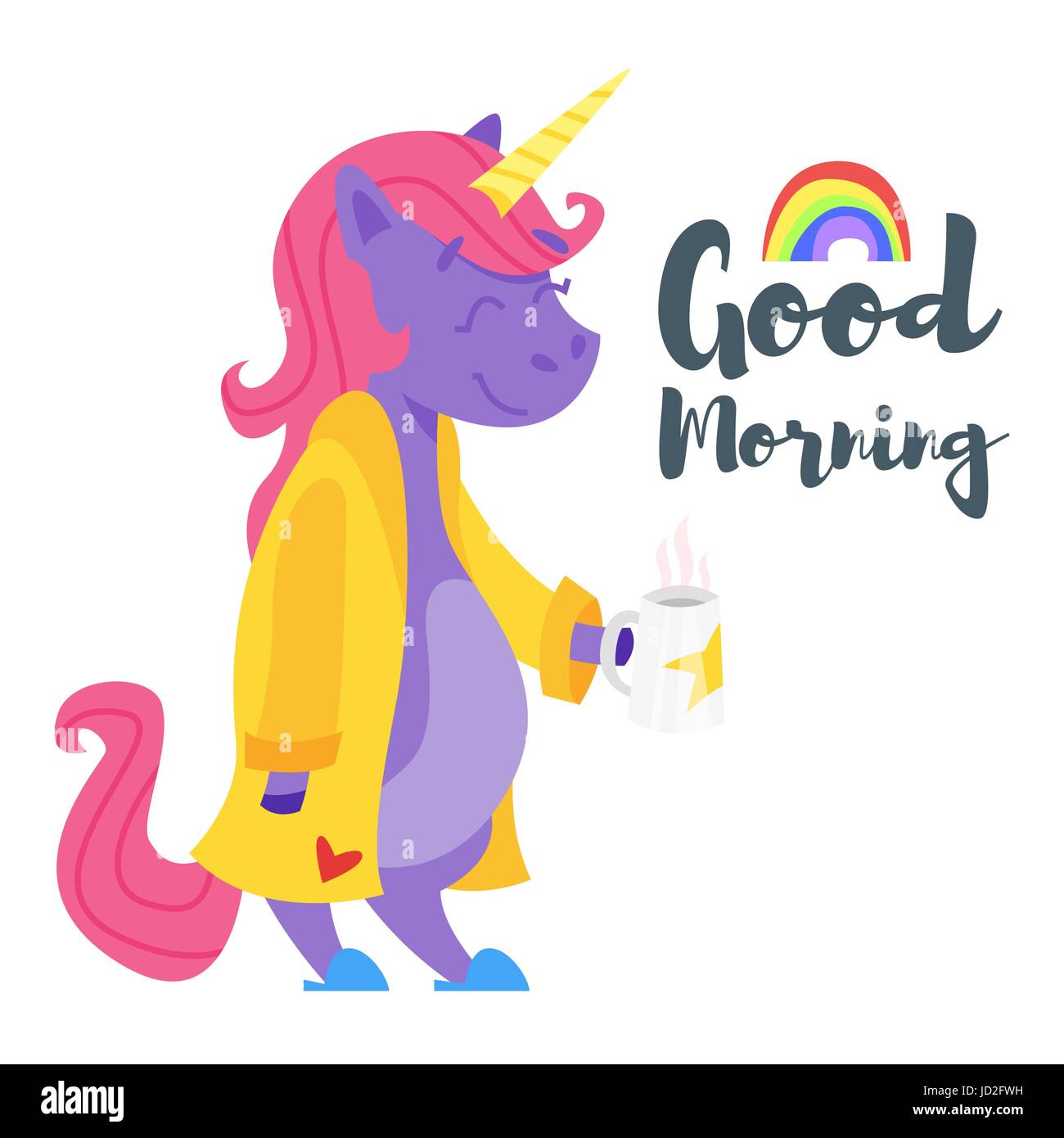 Vector Cartoon Style Illustration Of Happy Unicorn Drinking Tea In