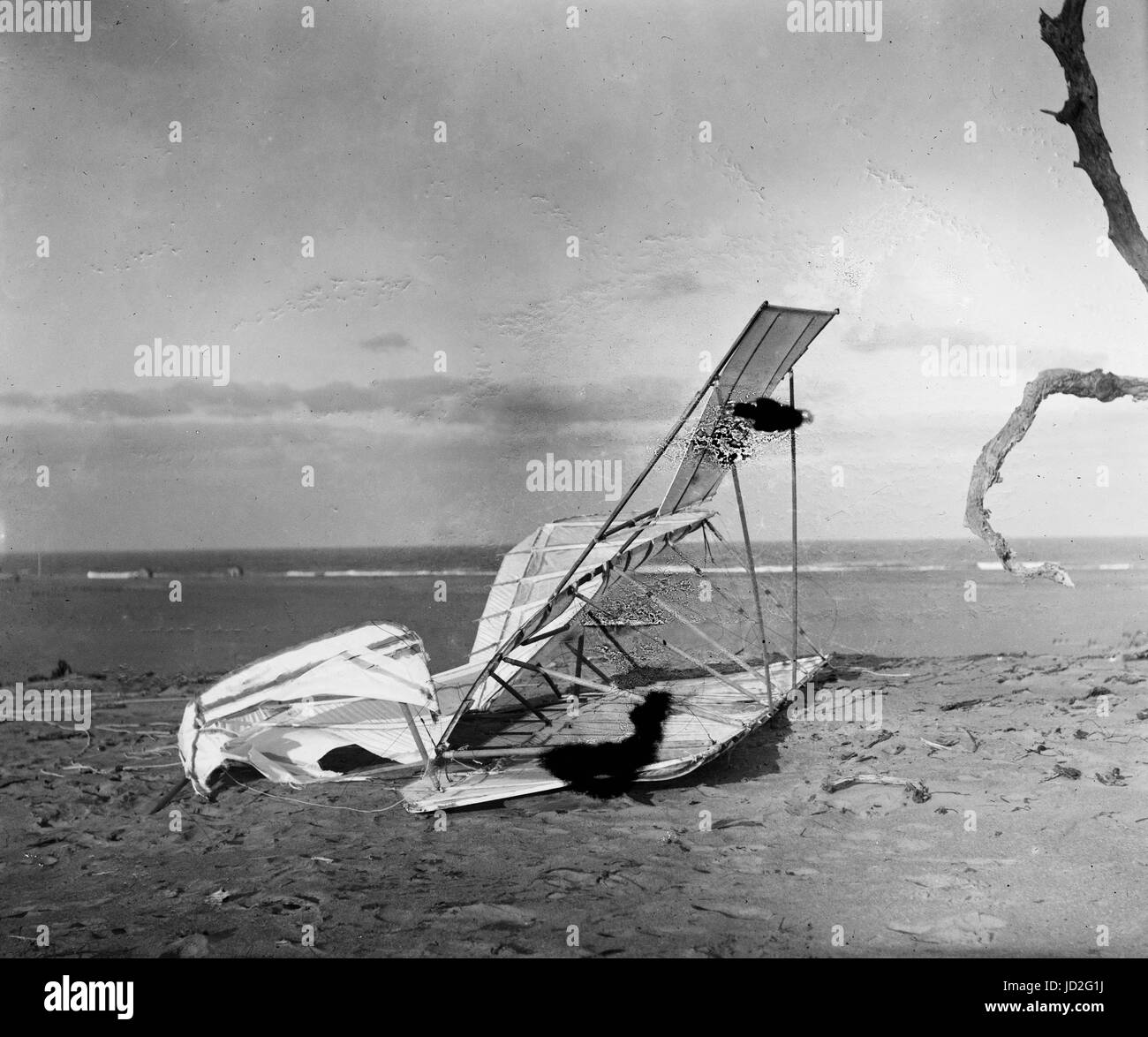 Crumpled glider wrecked by the wind on Hill of the Wreck (named after a shipwreck). Stock Photo