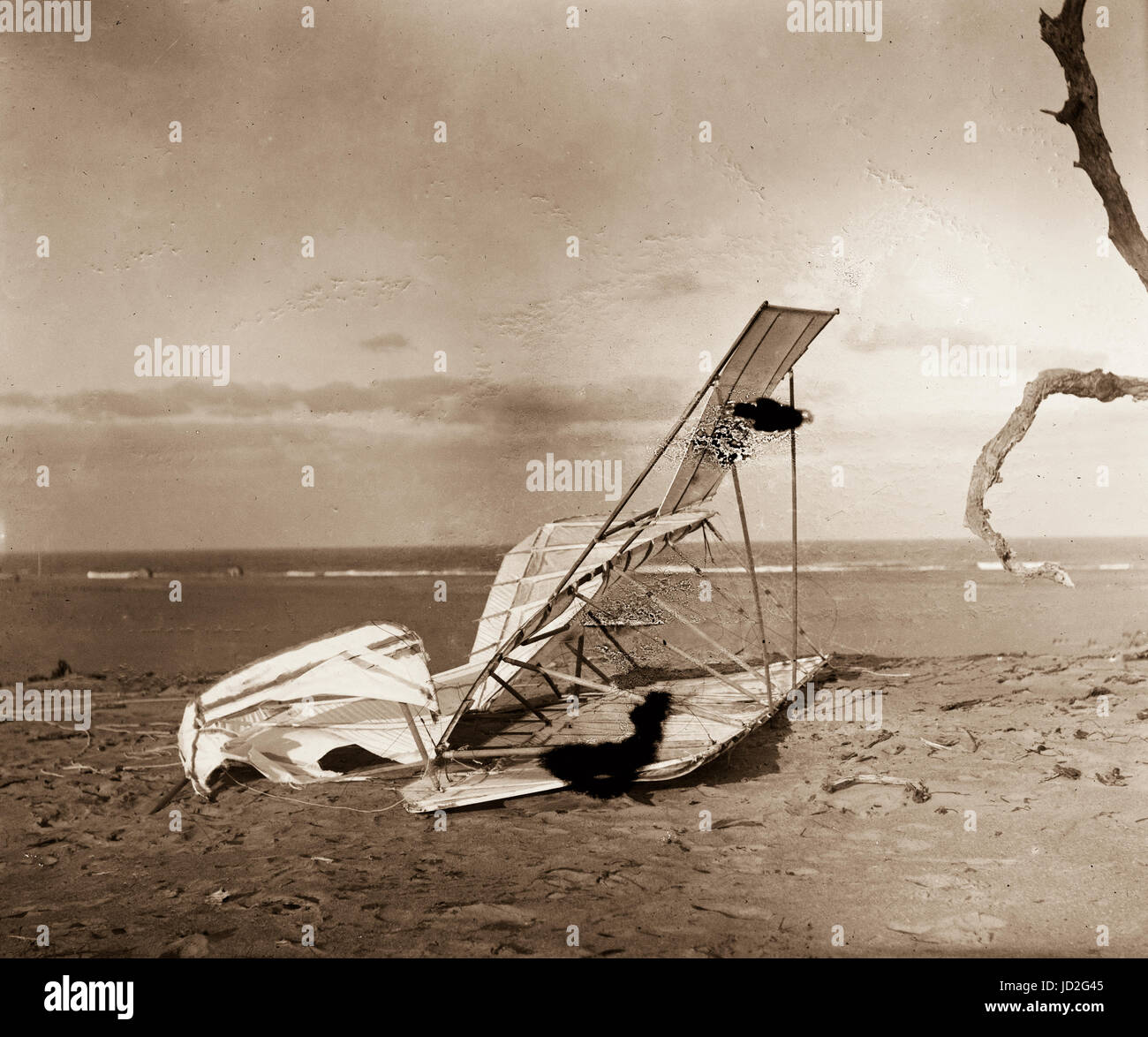 Crumpled glider wrecked by the wind on Hill of the Wreck (named after a shipwreck). Stock Photo