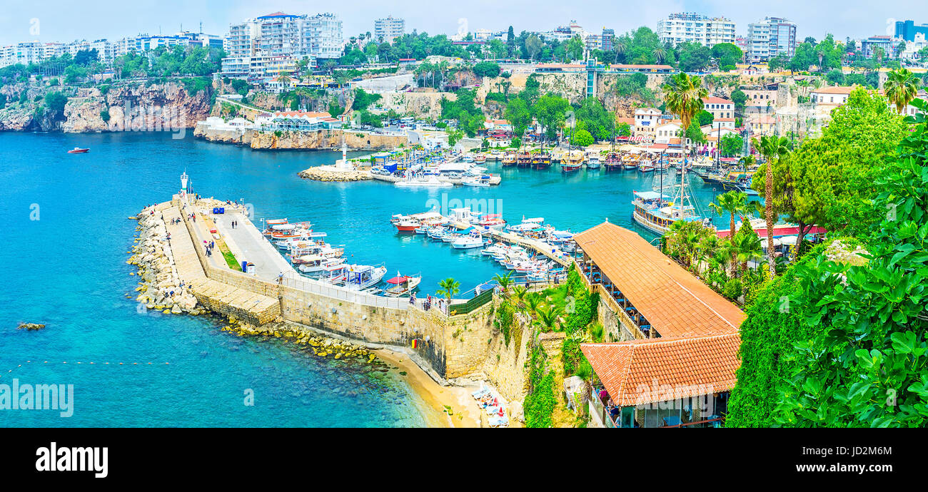 ANTALYA, TURKEY - MAY 6, 2017: Aerial view of the old marina, Mermerli beach, luxury restaurants and pleasure boats of Kaleici district, on May 6 in A Stock Photo