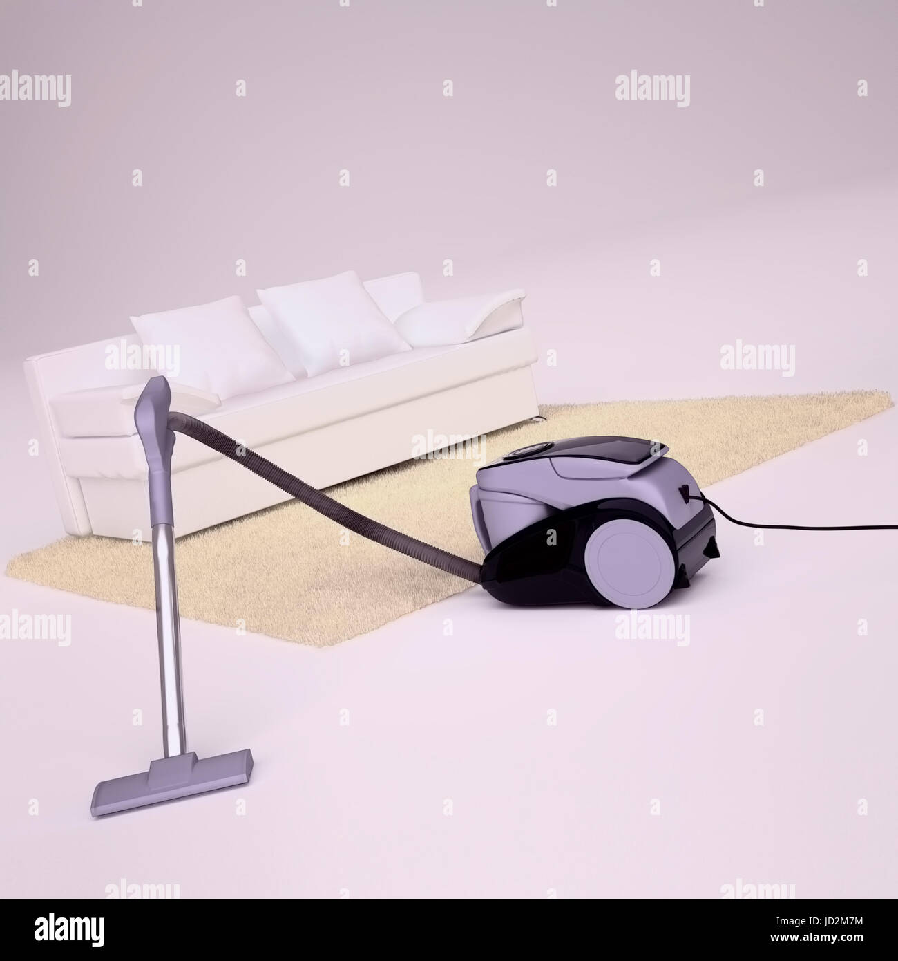 Modern vacuum cleaner being used while vacuuming a white floor and