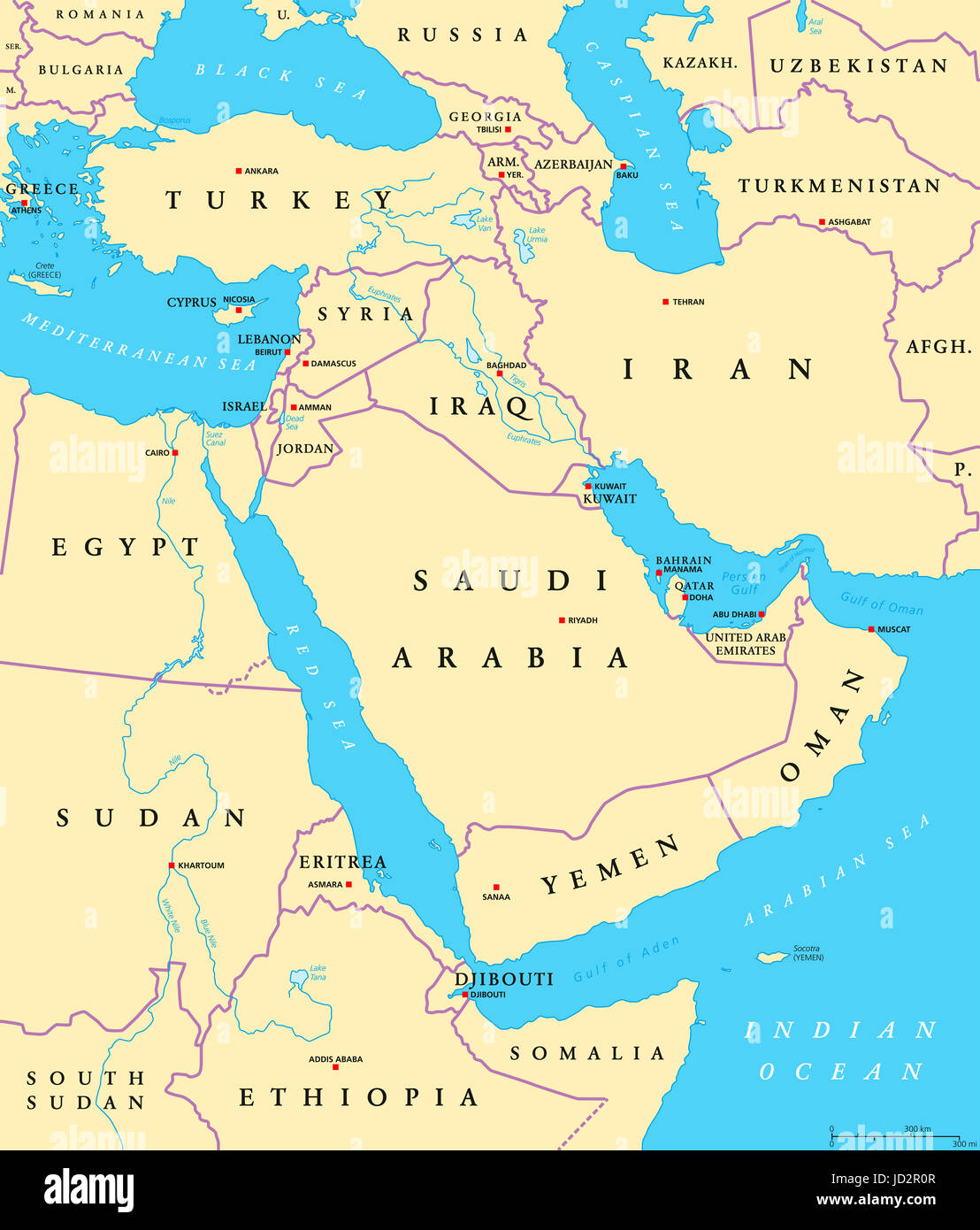 Middle East political map with capitals and national borders. Transcontinental region centered on Western Asia and Egypt. Also Middle-Eastern. Stock Photo