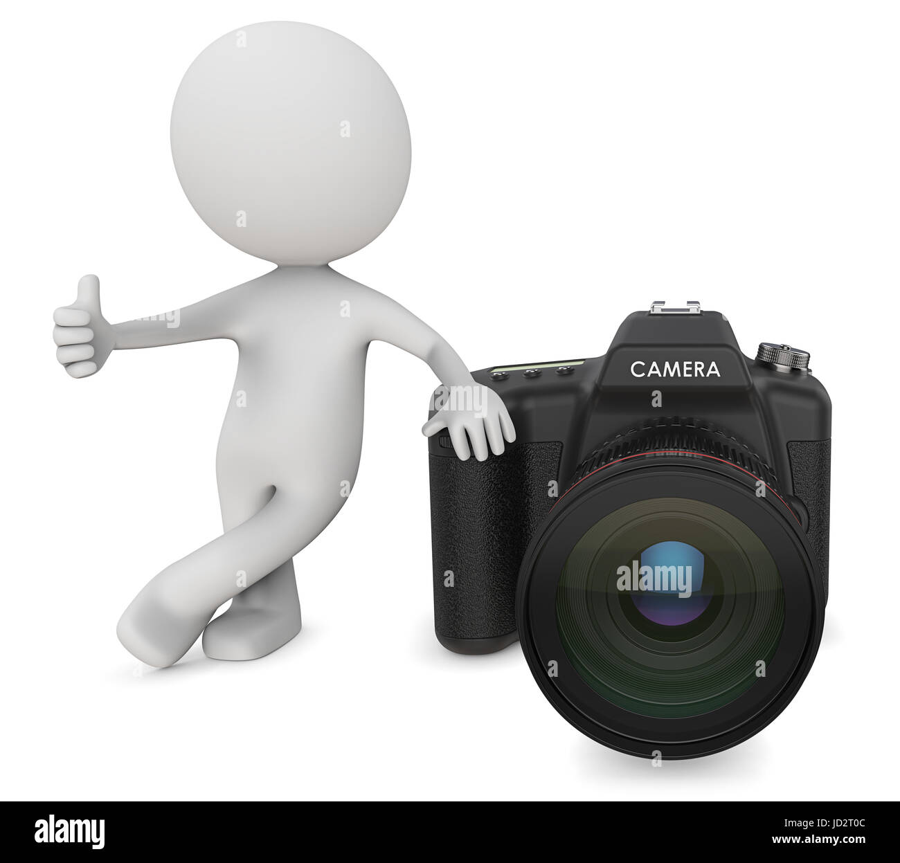 Dude 3D character the Photographer holding Thump Up next to SLR Camera. 3d Render. Stock Photo