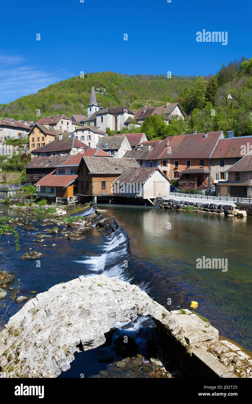Lods and the River Doubs, Jura, Franche Comte, France Stock Photo