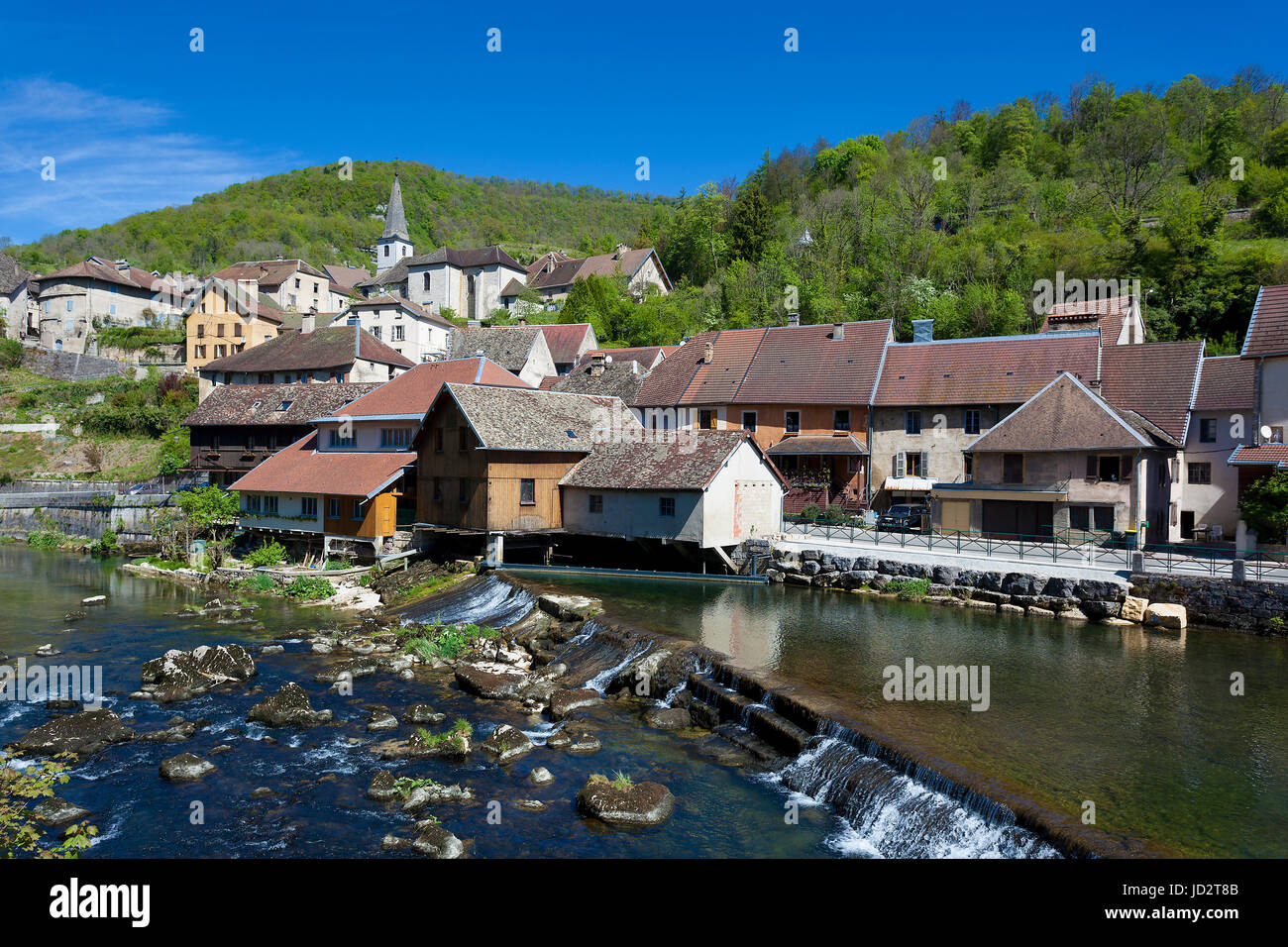 Lods and the River Doubs, Jura, Franche Comte, France Stock Photo