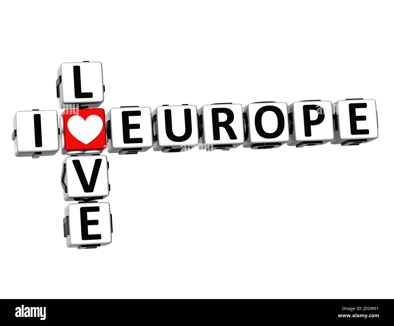 3D Crossword I love Europe on white background Stock Photo