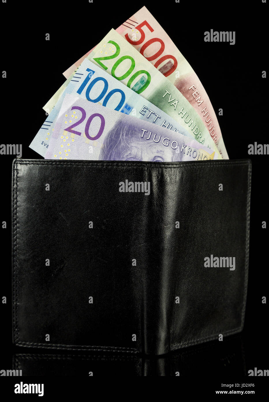 Wallet with Swedish Krona Currency on black background Stock Photo - Alamy