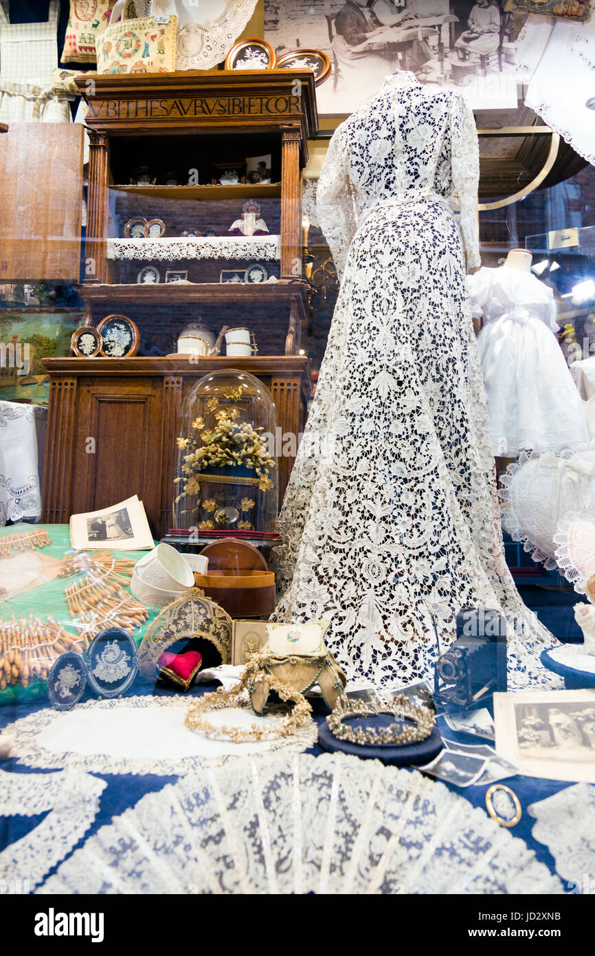 A display of Belgian lace in Bruges, Belgium Stock Photo