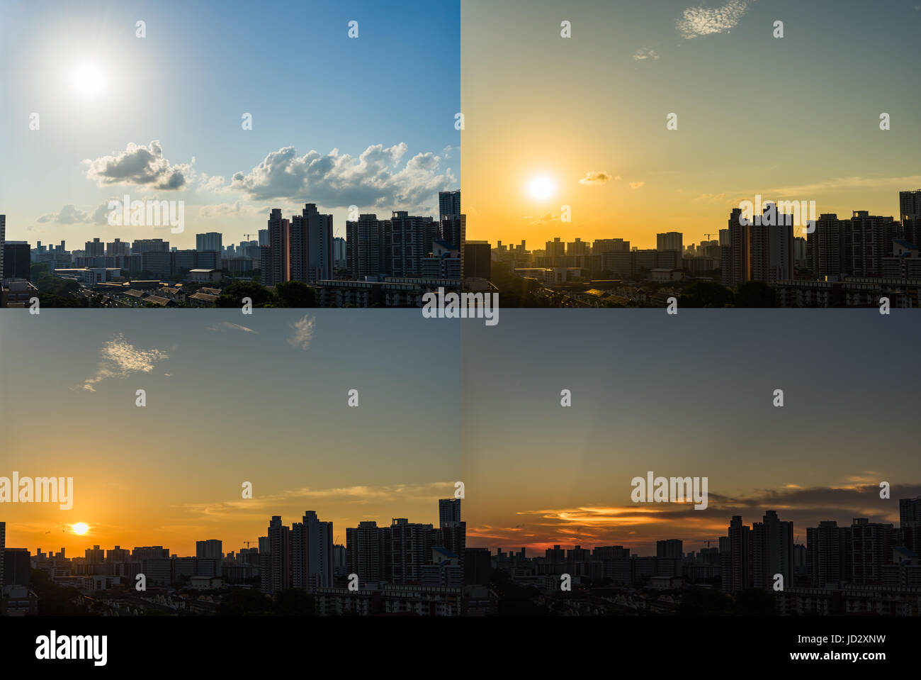 4 Moments of Sunset, view of the Downtown Singapore skyline from day to night with clouds, Singapore Asia Stock Photo