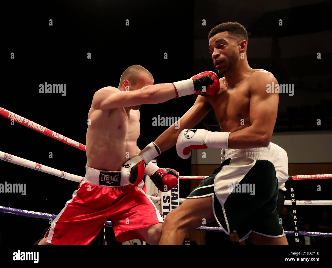 Sam Maxwell (right) against Angel Emilov in the International Super-Lightweight Contest at Waterfront Hall, Belfast. Stock Photo