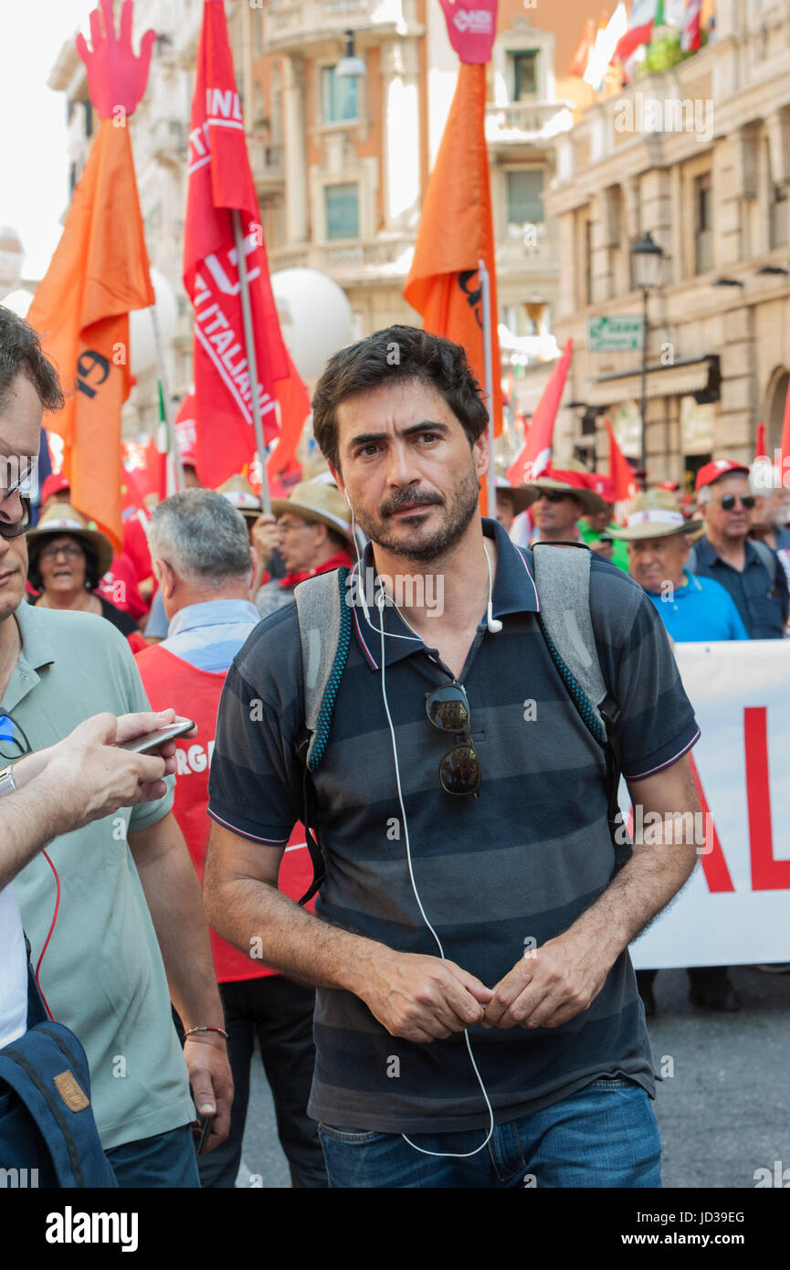 The workers of the main Italian trade union have manifested themselves in Rome to demand more Respect, more Work, more Democracy. Political and trade union representatives also attended the event, including former secretary of CGIL Guglielmo Epifani, national secretary of Italian Left Nicola Fratoianni and the National Metalworker (FIOM) secretary Maurizio Landini. The event ended with the intervention of the national secretary Susanna Camuso.In this picture national secretary of Italian Left Nicola Fratoianni The workers of the main Italian trade union have manifested themselves in Rome to de Stock Photo