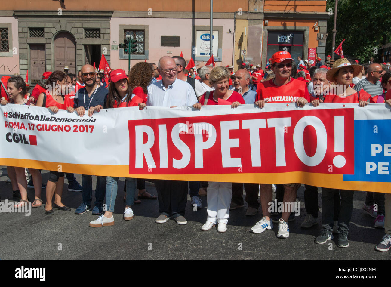 The workers of the main Italian trade union have manifested themselves in Rome to demand more Respect, more Work, more Democracy. Political and trade union representatives also attended the event, including former secretary of CGIL Guglielmo Epifani, national secretary of Italian Left Nicola Fratoianni and the National Metalworker (FIOM) secretary Maurizio Landini. The event ended with the intervention of the national secretary Susanna Camusso The workers of the main Italian trade union have manifested themselves in Rome to demand more Respect, more Work, more Democracy. Political and trade un Stock Photo