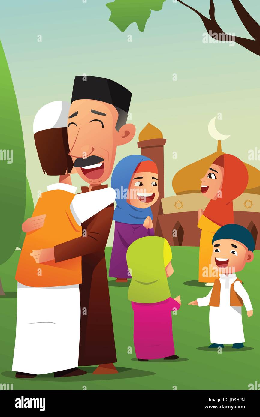 A vector illustration of Muslims Celebrating Eid Al Fitr 